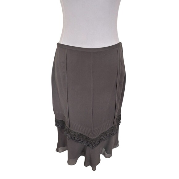 DKNY Charcoal Gray Silk Skirt, Midi V Front Lace Trim Whimsigoth Steampunk Y2K 4 - Picture 1 of 10